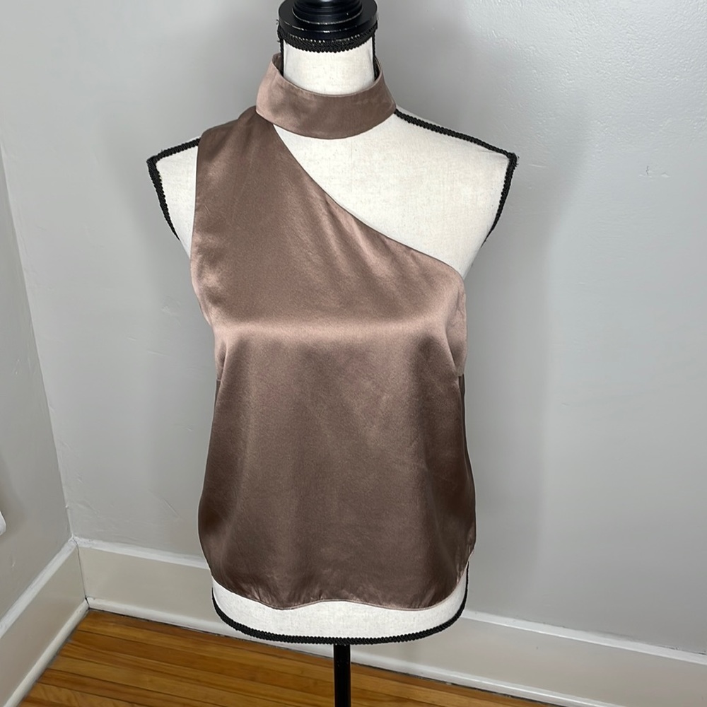 Satin One-Shoulder Mock Neck Top - Brown